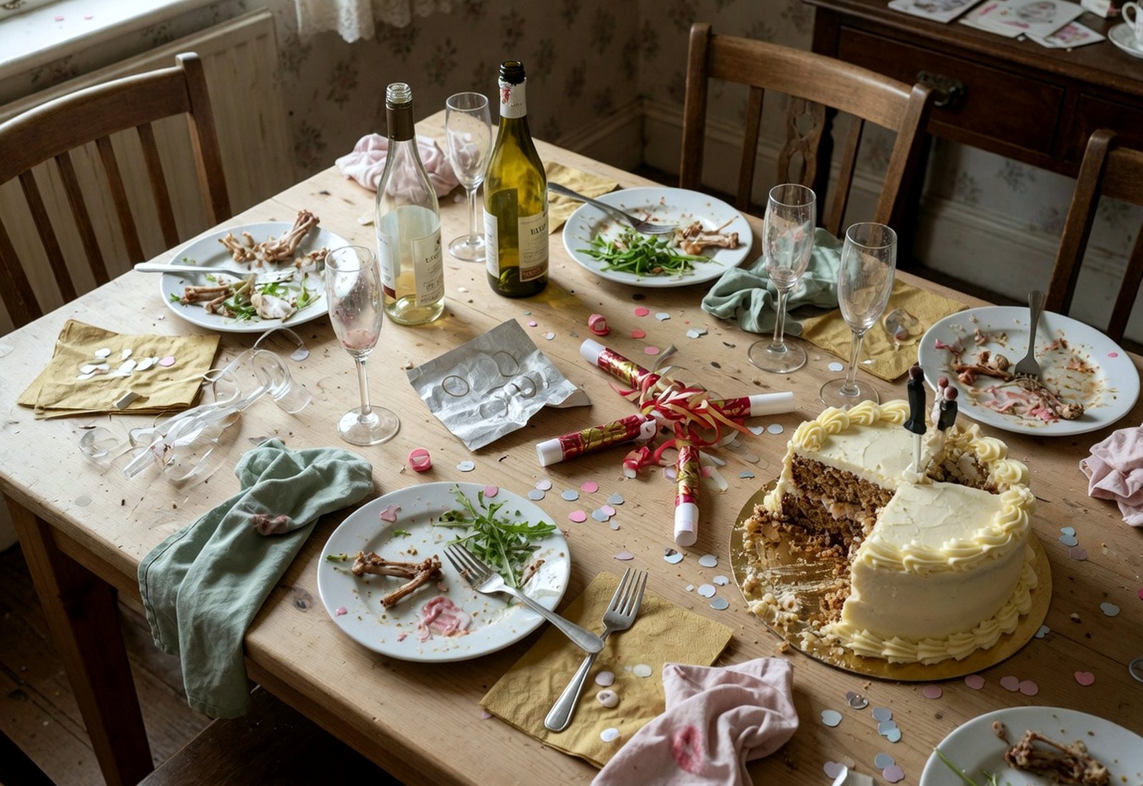 Dining table after a wedding meal, with leftover cake, dirty plates, champagne bottles, crackers and confetti