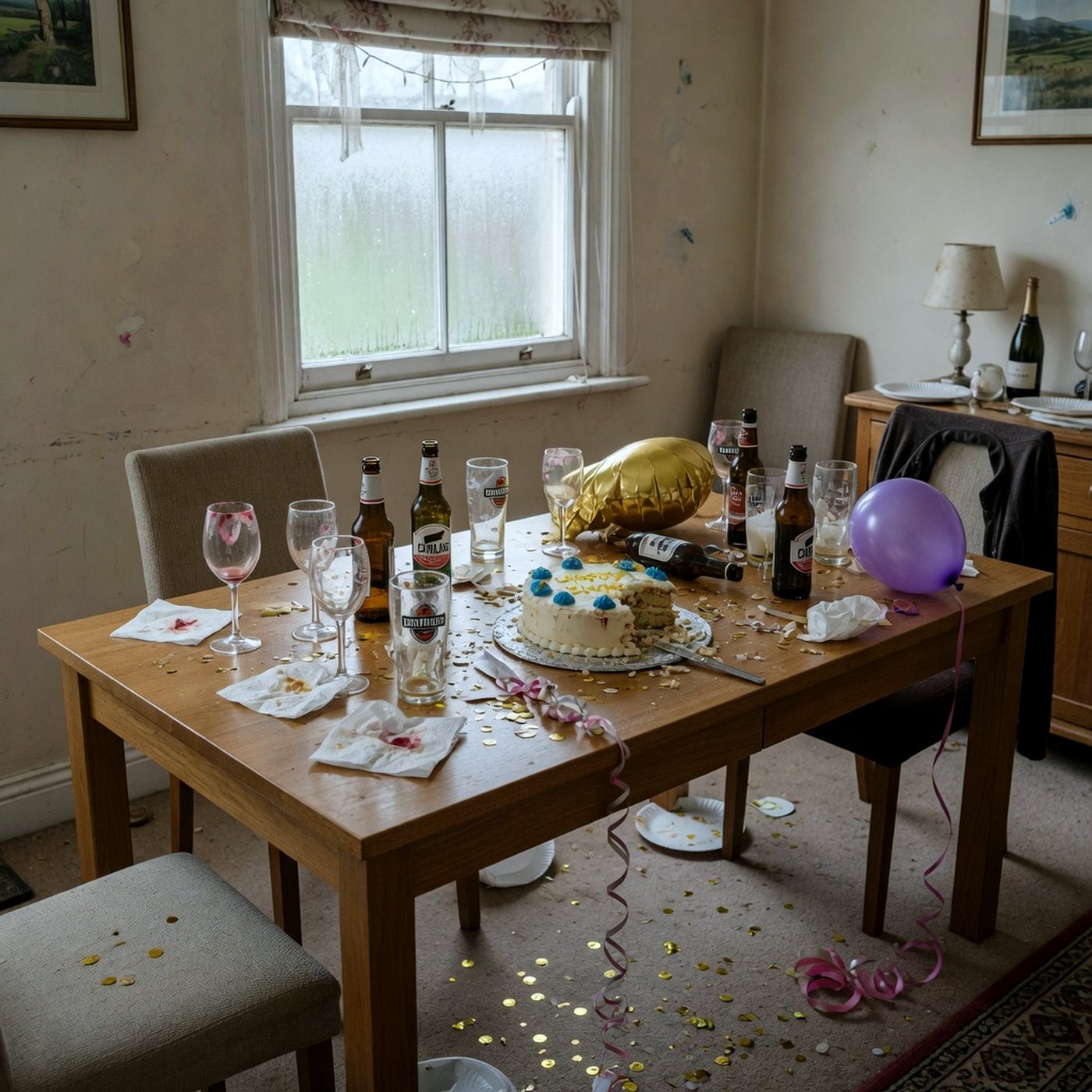 Dining table after a birthday party, with leftover cake, empty glasses, bottles, balloons and confetti